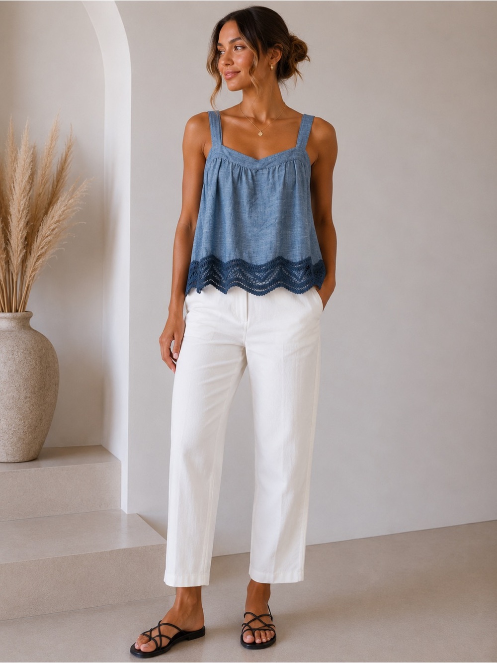 Park • NWT Blue Lace-Trim Chambray Tank Top PTP 20-21”